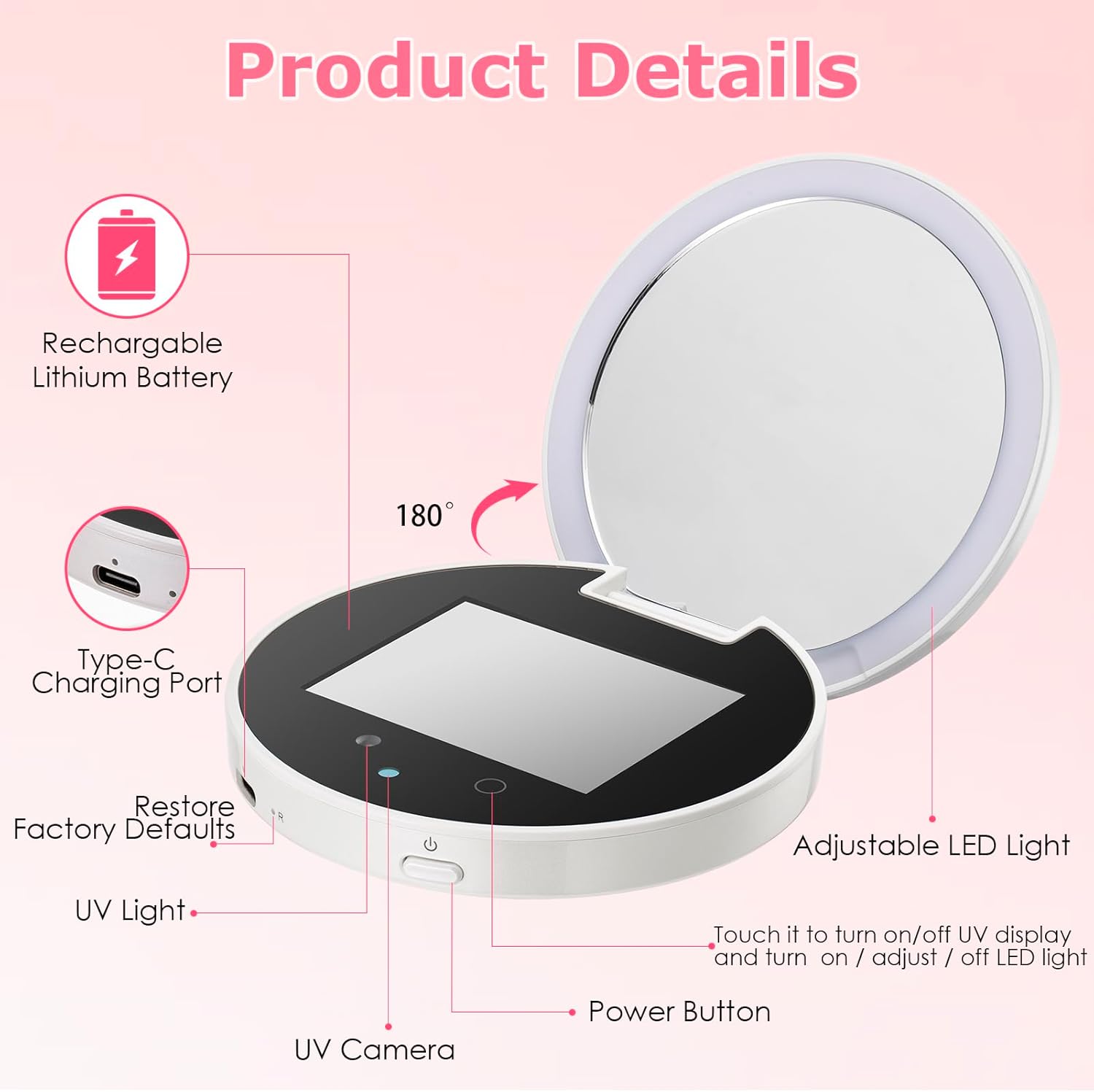UV Camera Mirror for Sunscreen Test with Dimmable LED Lights